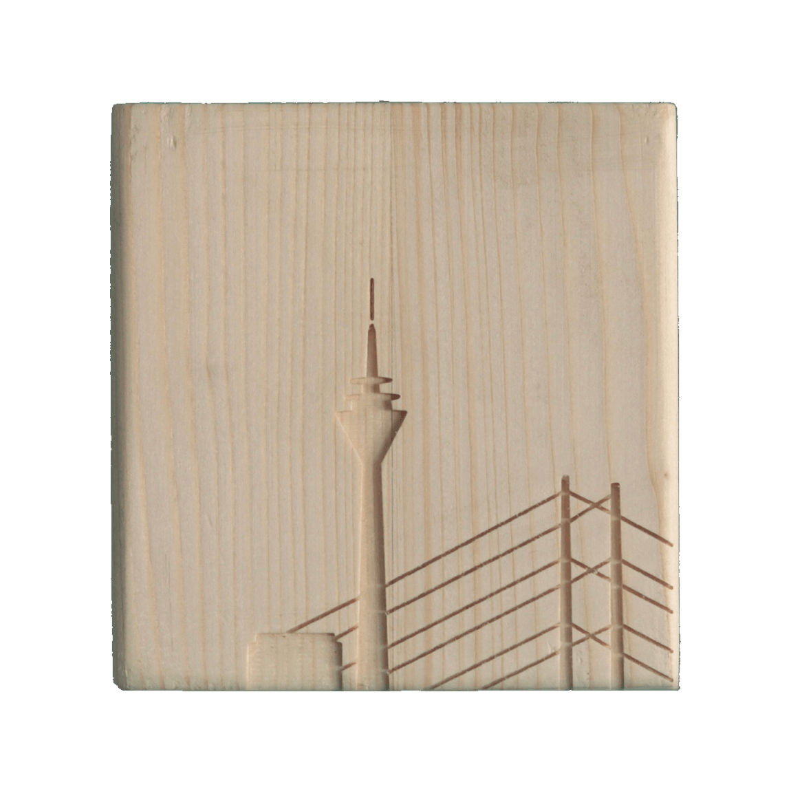 Seitenprofil des HEIMATDORF Holzwürfels mit der Düsseldorfer Skyline