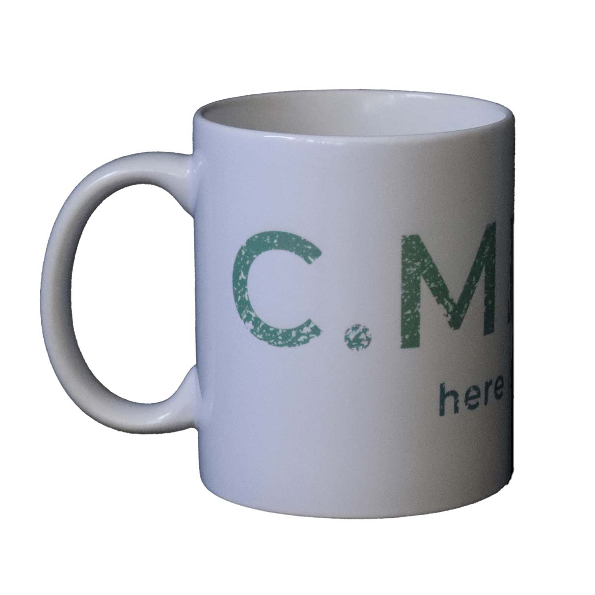 Camping-Becher aus weißer Keramik mit C.MP.NG here and there Aufdruck