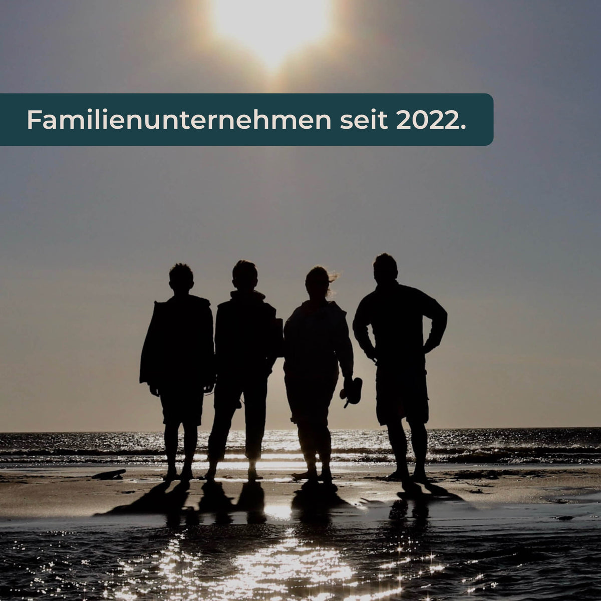 Eine Familie steht entgegen der Sonne.
Textkachel mit dem Satz: Familienunternehmen seit 2022