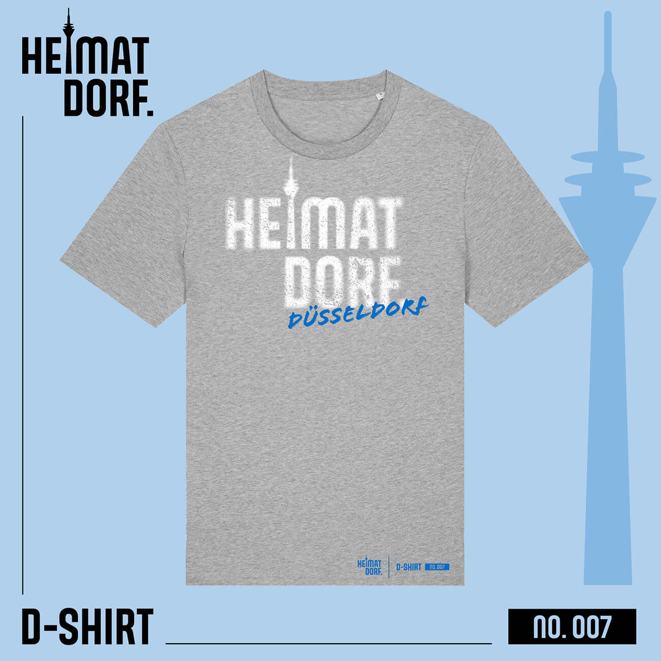 HeimatDorf T-Shirt No. 007 in heather-grey mit weißem Aufdruck HeimatDorf im Graffiti-Style. Darunter steht in Pinselschrift der Name Düsseldorf.