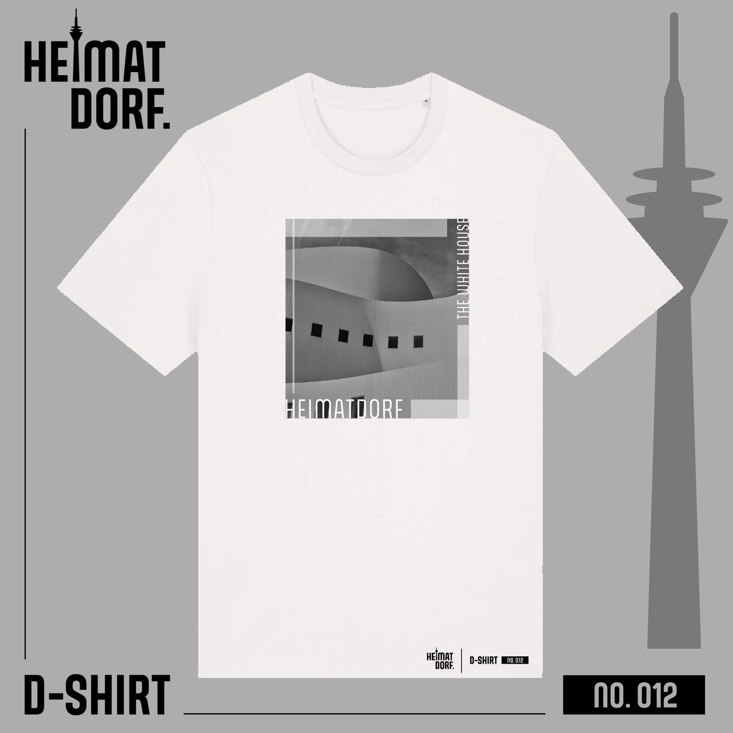 Weißes Düsseldorf T-Shirt mit schwarz-weiß Foto vom Düsseldorfer Schauspielhaus liegt auf einer grauen Fläche mit dem Rheinturm im Hintergrund.
Das T-Shirt ist die Nummer 012 der D-Shirt Kollektion und hat am rechten unteren Saum den typischen Kollektionsaufdruck in schwarz.