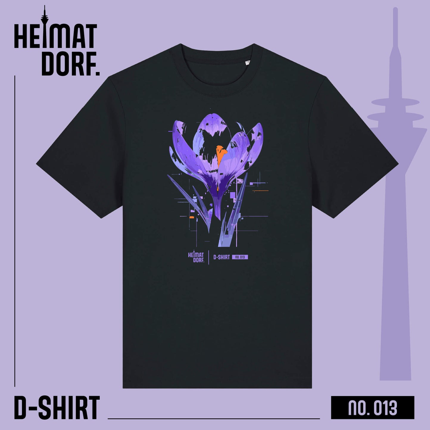 Schwarzes Düsseldorf T-Shirt mit abstraktem Krokus-Aufdruck. Das Shirt ist die No. 013 der D-Shirt Kollektion und anlässlich des blauen Bands am Rhein der wunderschönen Krokusblüte gewidmet.