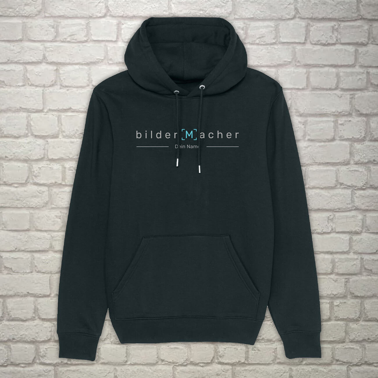 Schwarzer Schwarzer Hoodie für Fotografen; auf der Vorderseite bedruckt mit dem Begriff Bildermacher. Darunter kann der Name des Fotografen eingedruckt werden.