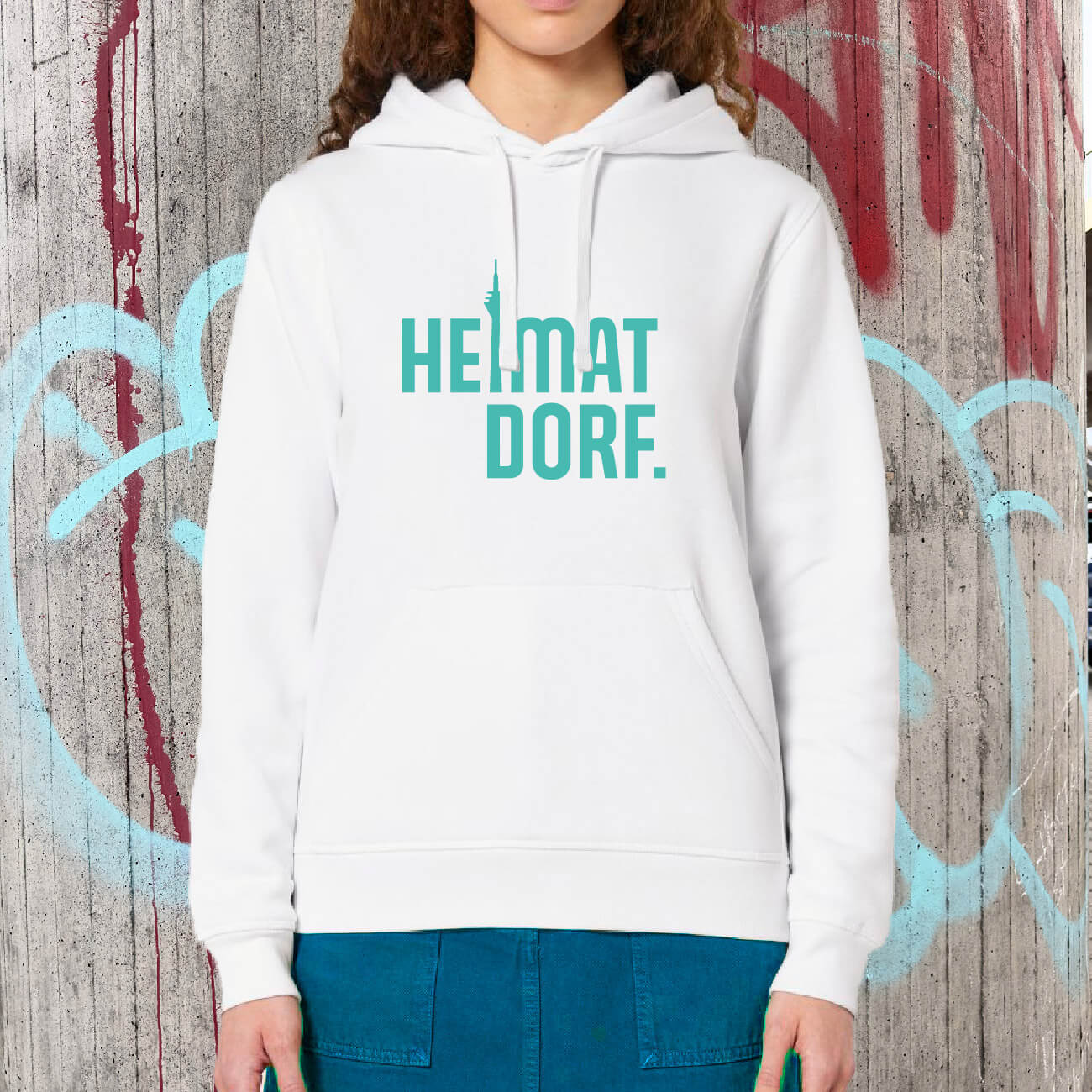 Düsseldorf Hoodie in weiß mit türkisem Heimatdorf Aufdruck