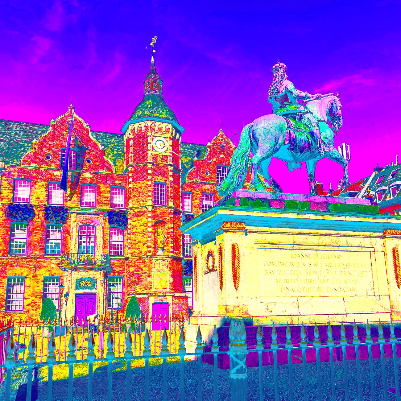 Dieses Popartbild vom Jan Wellem Reiterdenkmal vor dem Düsseldorfer Rathaus besticht durch einen wilden Mix von Rot-, Magenta-, Gelb und Blau-Tönen.