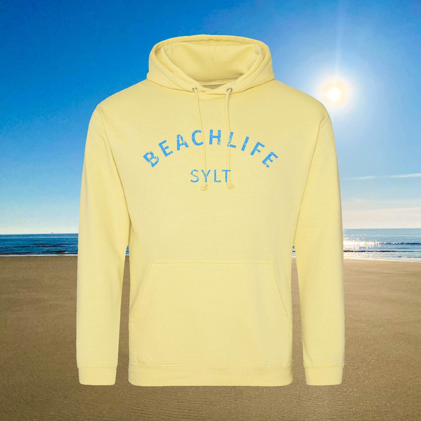 Sylt Hoodie in sonnengelb mit mittelblauem Aufdruck Beachlife Sylt