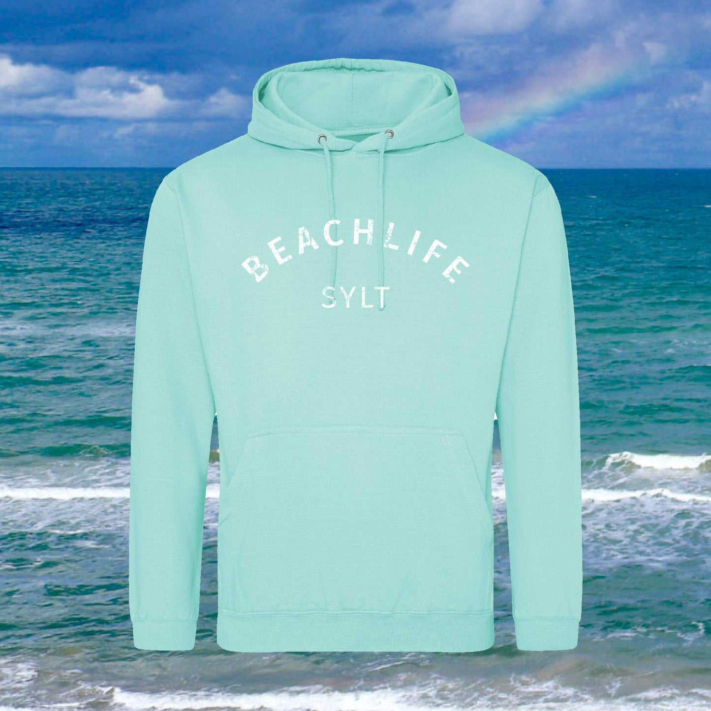Sylt Hoodie in Aqua-türkis und weißem Aufdruck Beachlife Sylt
