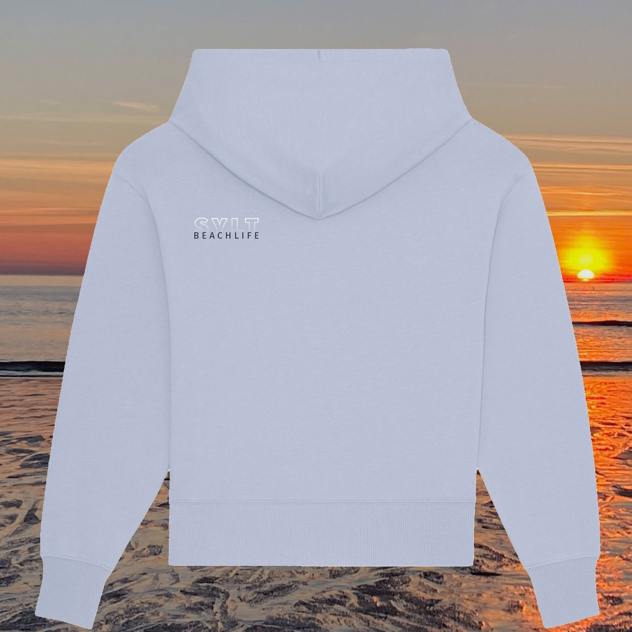 Sylt Hoodie in hellblau mit kleinem Schulter-Backprint Sylt Beachlife