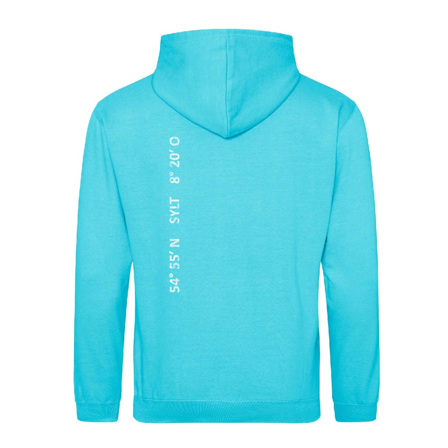 Sylt Hoodie in türkis, Rückseite senkrecht bedruckt mit Schriftzug Sylt und Koordinaten