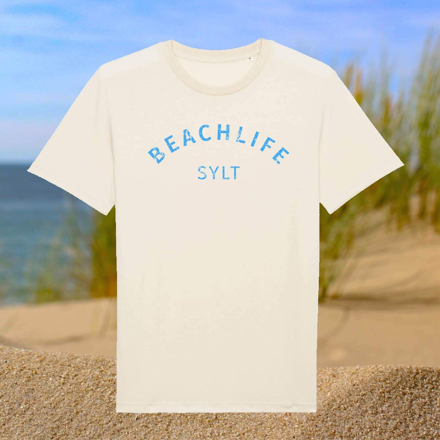 Sylt T-Shirt in hellbeige mit blauem Aufdruck Beachlife curved