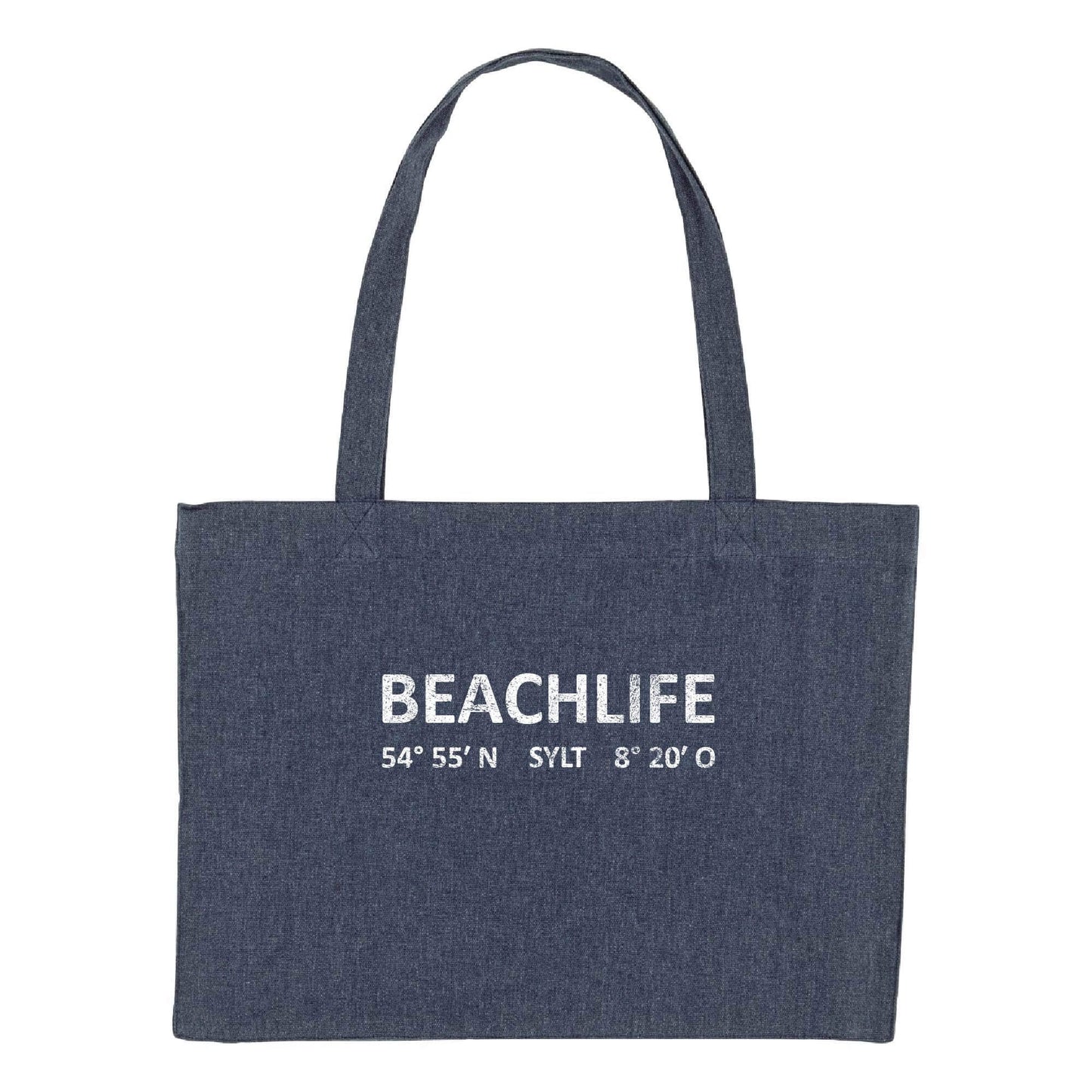 Sylt Tasche in dunkelblau mit weißem Aufdruck Beachlife Sylt und Koordinaten