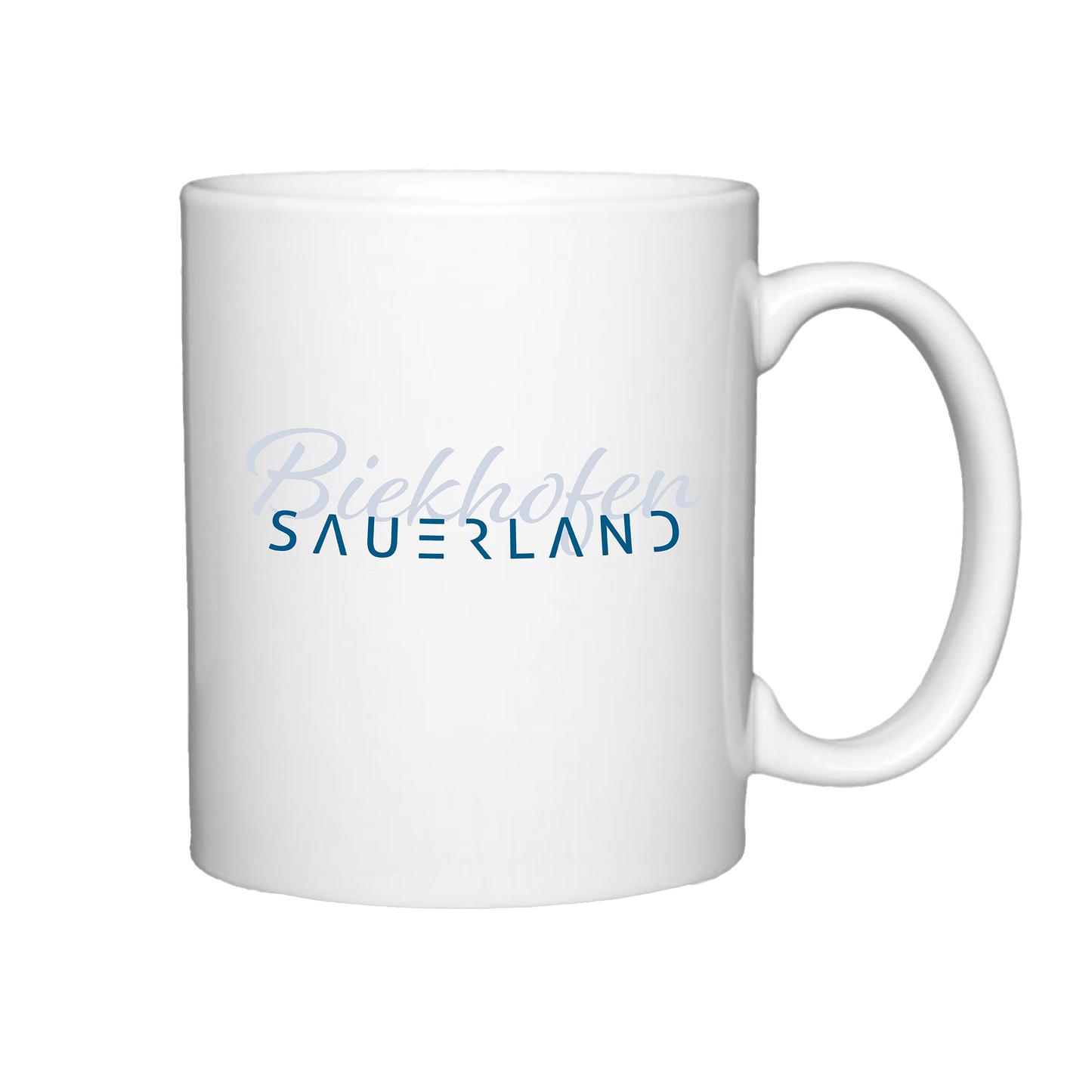 Weißer Dorfbecher Biekhofen im Sauerland. Der Aufdruck ist dunkelblau.