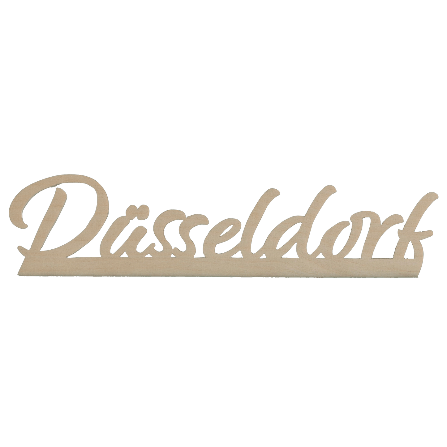 Geschwungener Düsseldorf-Schriftzug aus Holz zum Hinstellen.