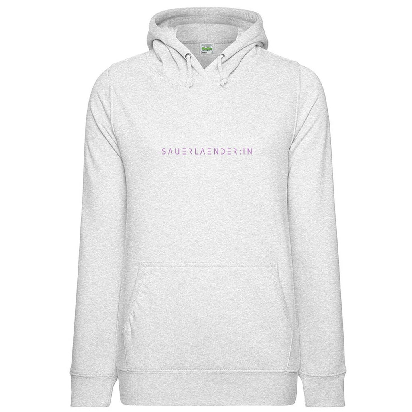 Hellgrauer Sauerländerin-Hoodie. mit Beschriftung in hell-lila.