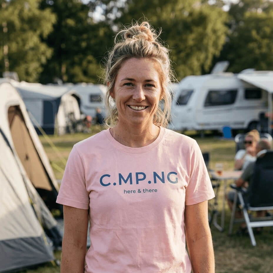 Ein weibliches Modell steht auf einem Campingplatz mit einem rosanen T-Shirt von C.MP.NG an.