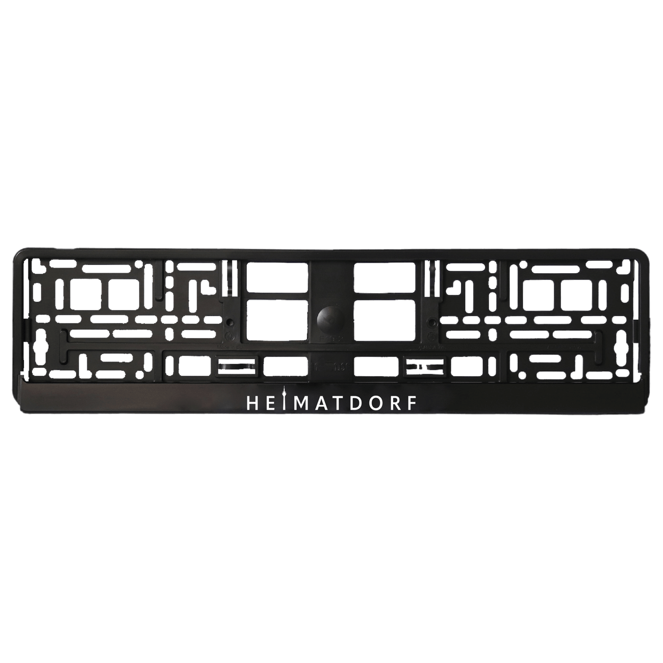 Kennzeichen- / Nummernschildhalter für EU-Kennzeichen mit weißem Heimatdorf Schriftzug. Das i im Schriftzug wurde durch den Düsseldorfer Rheinturm ersetzt.