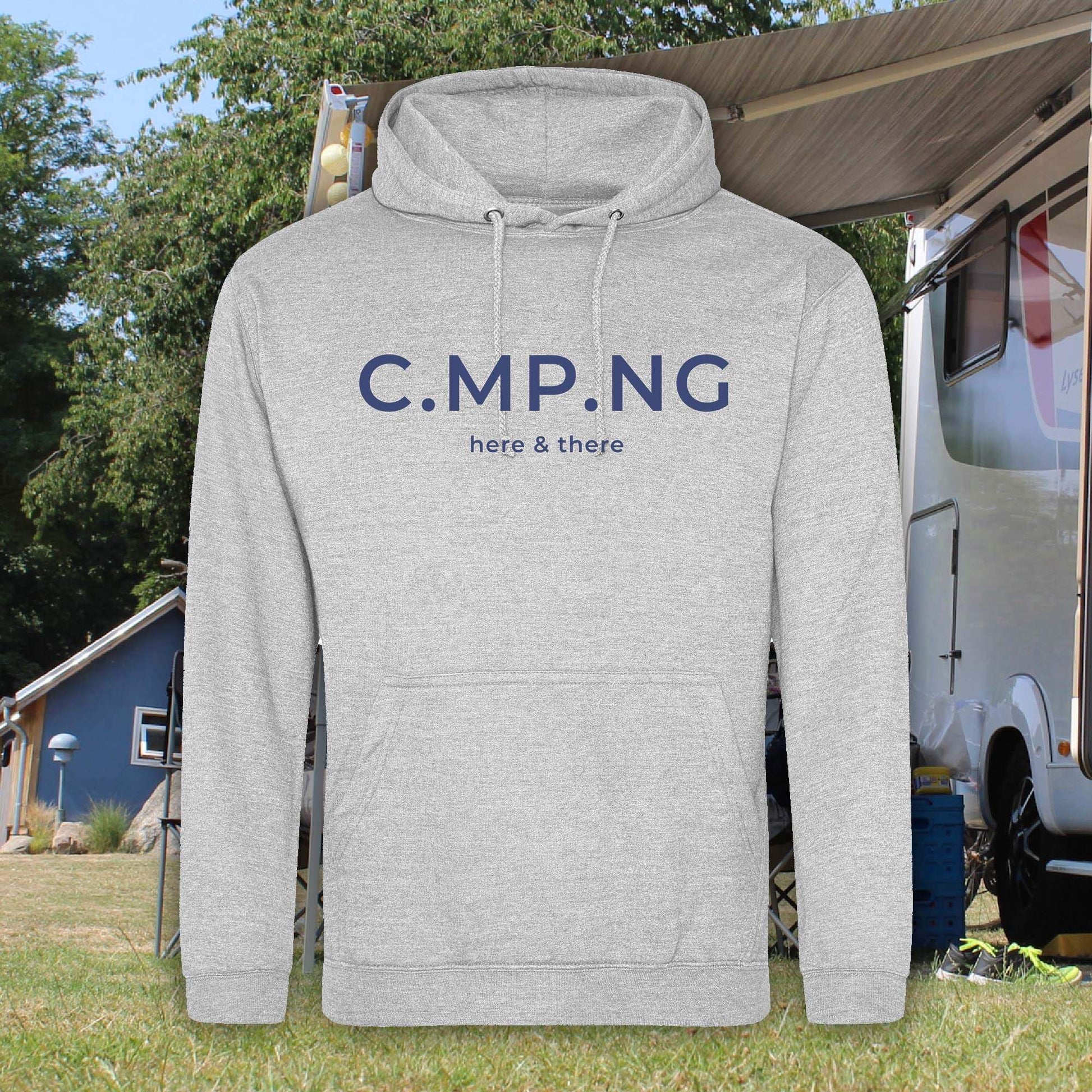 Camping-Hoodie mit dunkelblauem C.MP.NG-Aufdruck auf der Brust