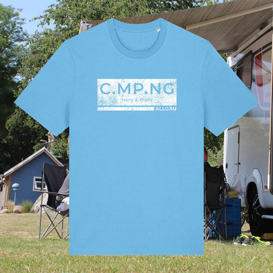 Camping T-Shirt in azurblau mit Begriff Deiner Wahl individualisierbar.