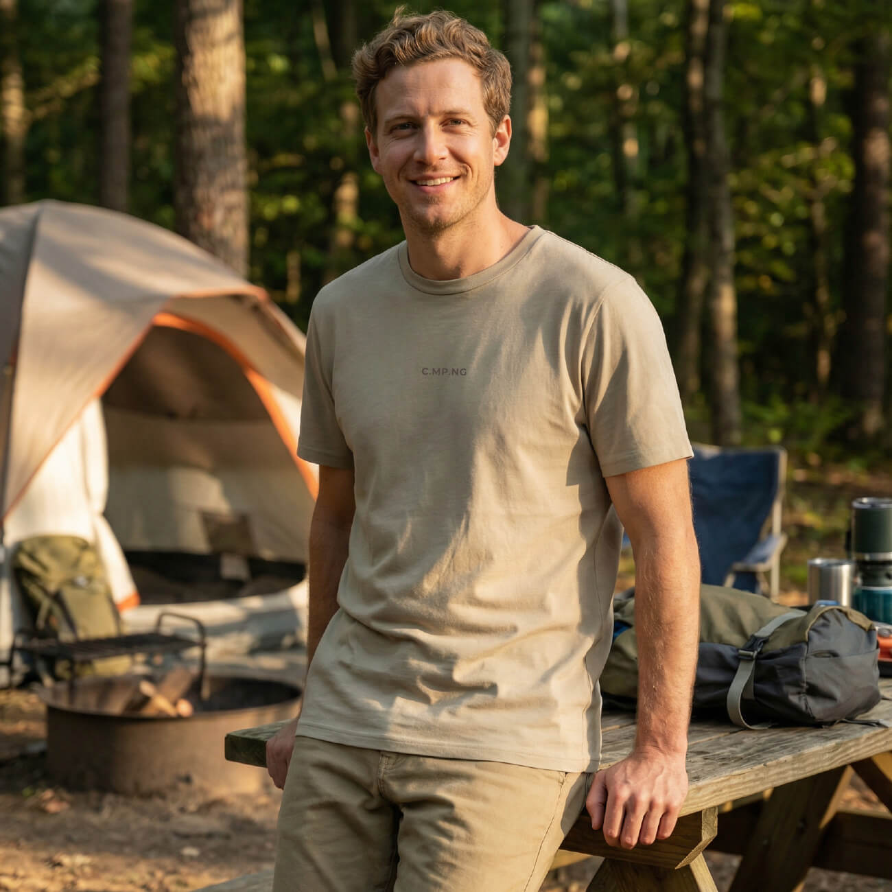 Mann in beigem C.MP.NG Basic T-Shirt am Campingplatz. Bio-Baumwolle Outdoor Shirt für Camping-Abenteuer