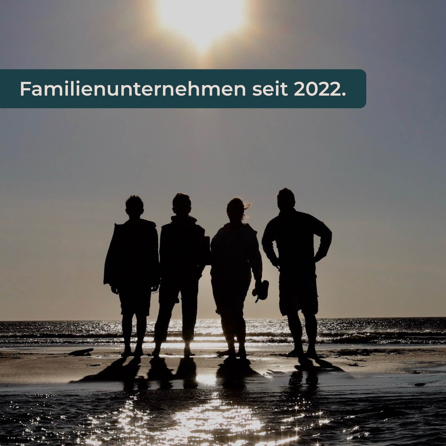 Eine Familie steht entgegen der Sonne.
Textkachel mit dem Satz: Familienunternehmen seit 2022