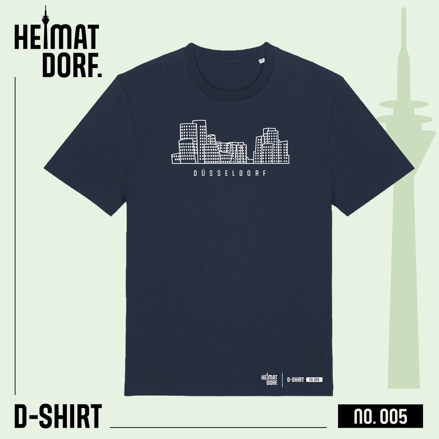 Blaues Düsseldorf T-Shirt mit Grafik der Gehry-Bauten im Düsseldorfer Medienhafen.