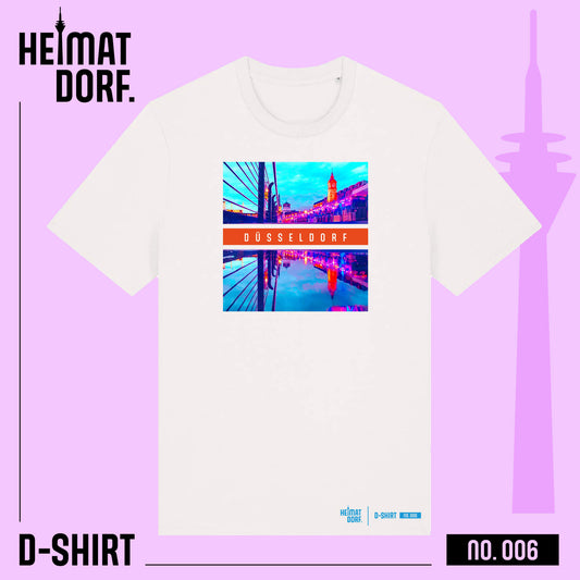 Weißes Düsseldorf T-Shirt mit Popartaufdruck von der Rheinuferpromenade mit Pegeluhr und Schlossturm in einem Farbmix aus Blau, Türkis, Pink und Orange