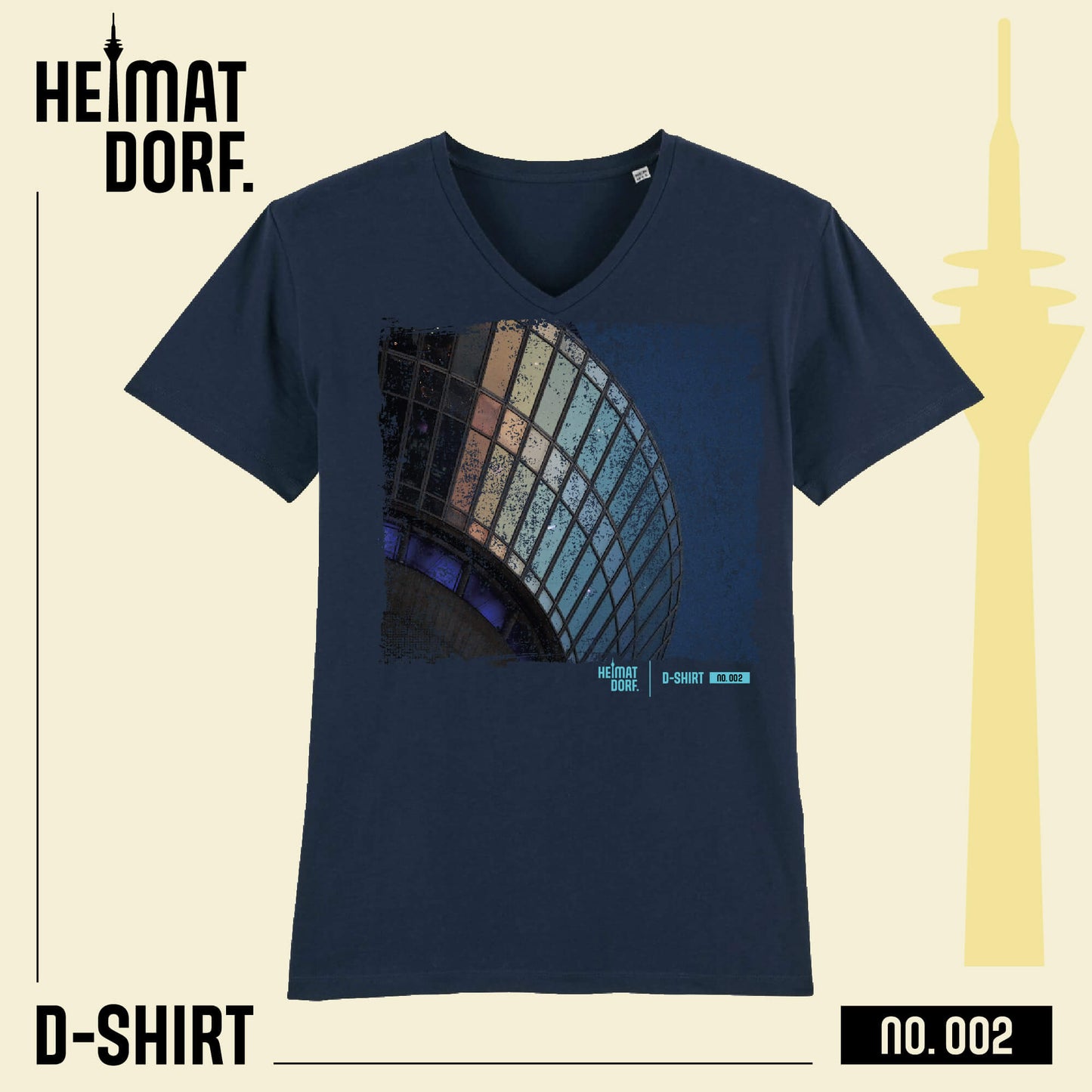Düsseldorf HeimatDorf T-Shirt in dunkelblau mit V-Neck. Aufgedruckt ist groß ein Ausschnitt des Düsseldorfer Rheinturms. D-Shirt No. 002 - Das Düsseldorf T-Shirt.