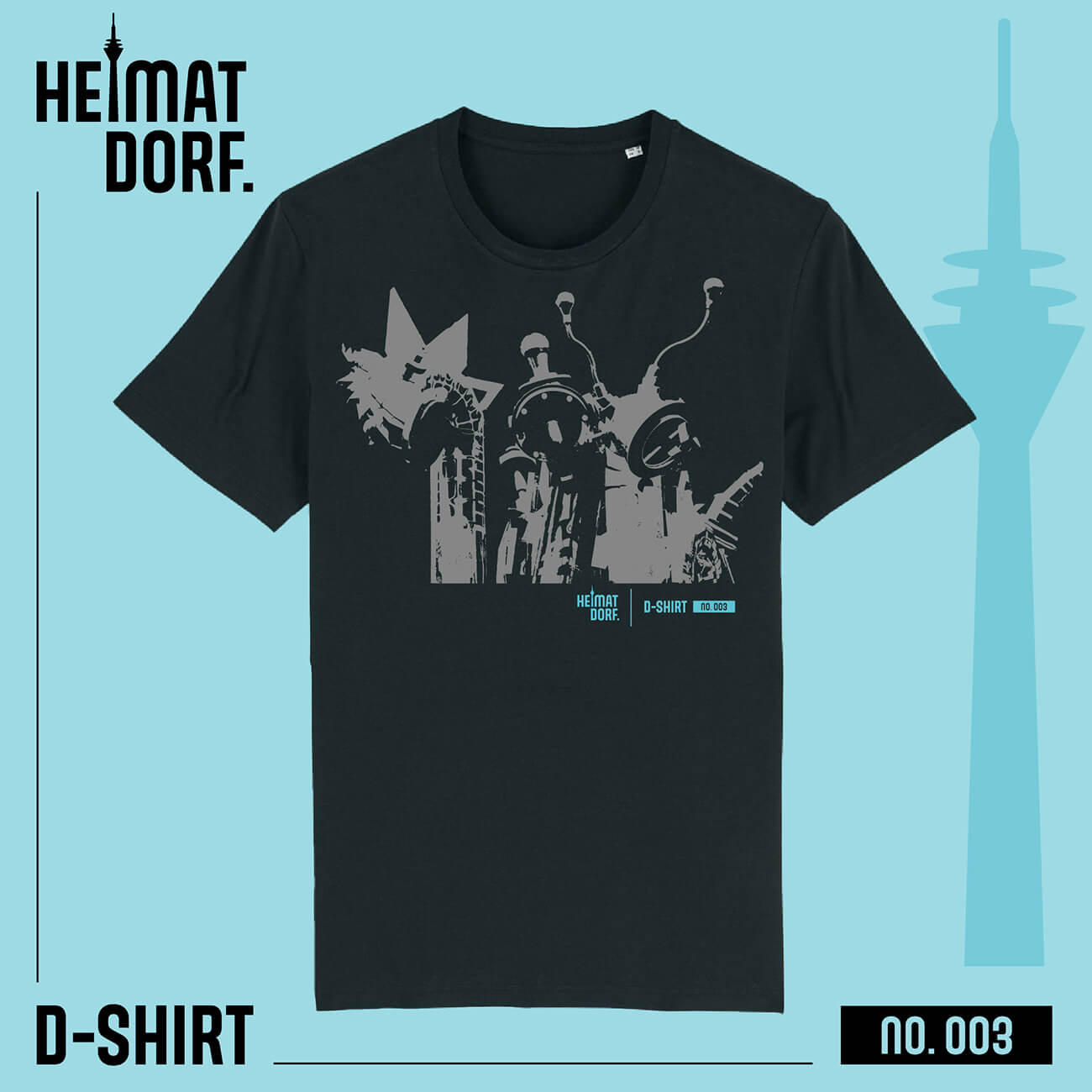 Schwarzes Düsseldorf T-Shirt mit abstraktem Aufdruck in dunkelgrau. Unten befindet sich in türkis der Aufdruck Heimatdorf D-Shirt 003