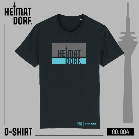 Schwarzes Düsseldorf T-Shirt mit HeimatDorf Logo in dunkelgrauen und türkisen Boxen.