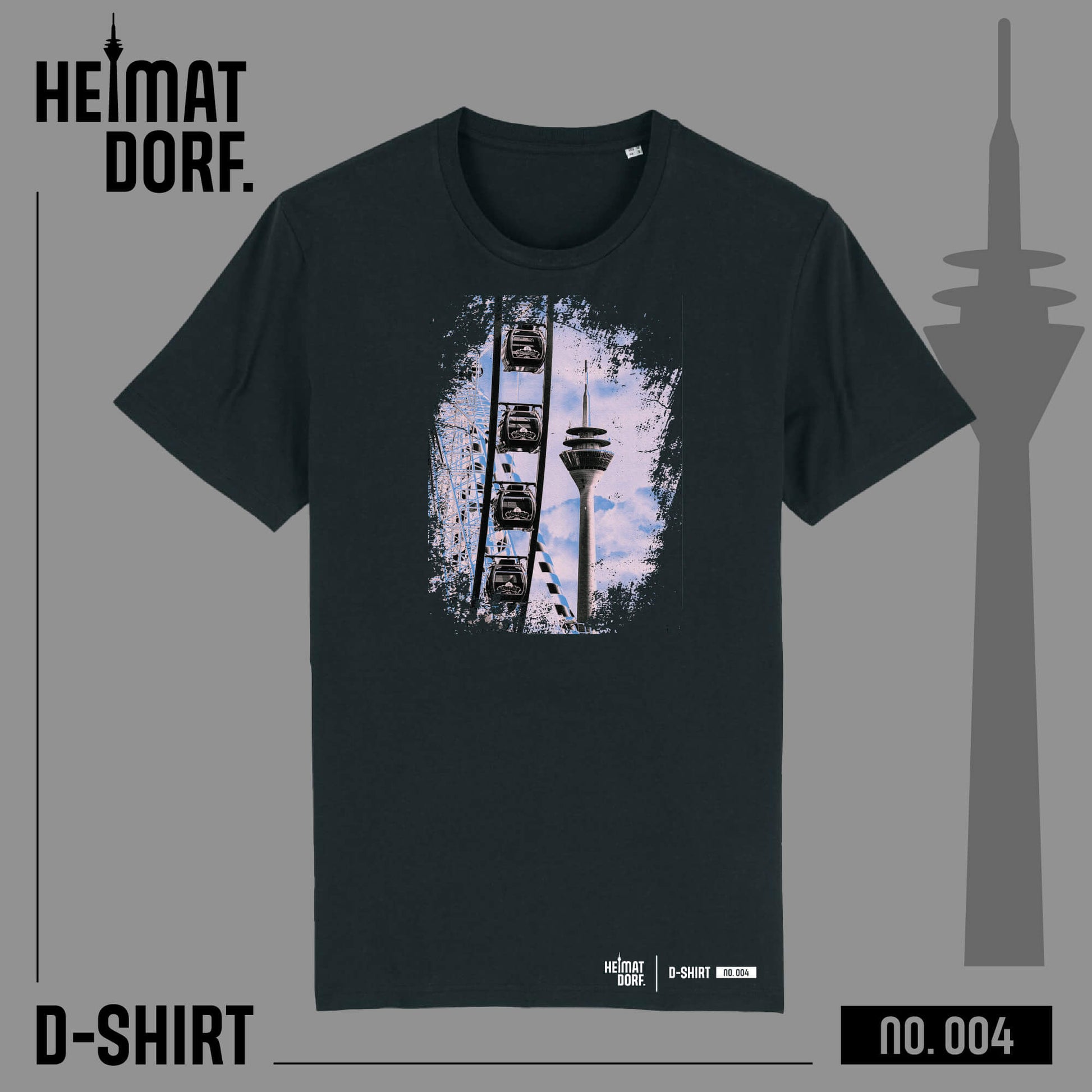 Schwarzes Düsseldorf T-Shirt mit abgewetztem Aufdruck des Rheinturms und im Vordergrund Gondeln des Riesenrads auf der Rheinirmes. Der Aufdruck ist in schwarz-grau-blau gehalten.