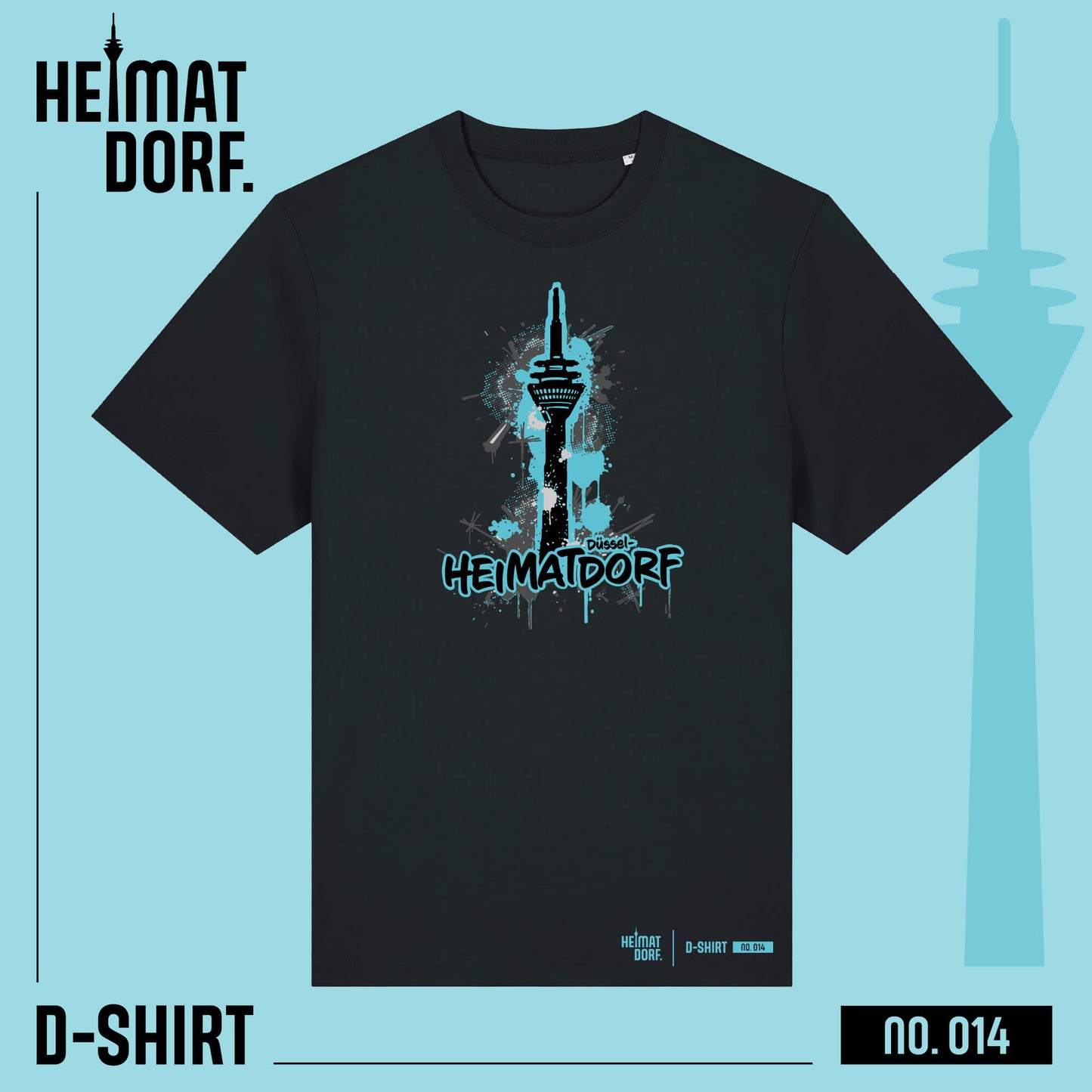 Schwarzes D-Shirt No. 014 auf türkisem Hintergrund. Das T-Shirt hat einen schwarz-grauen-Aufdruck des Düsseldorfer Rheinturms mit türkiser Akzentfarbe.