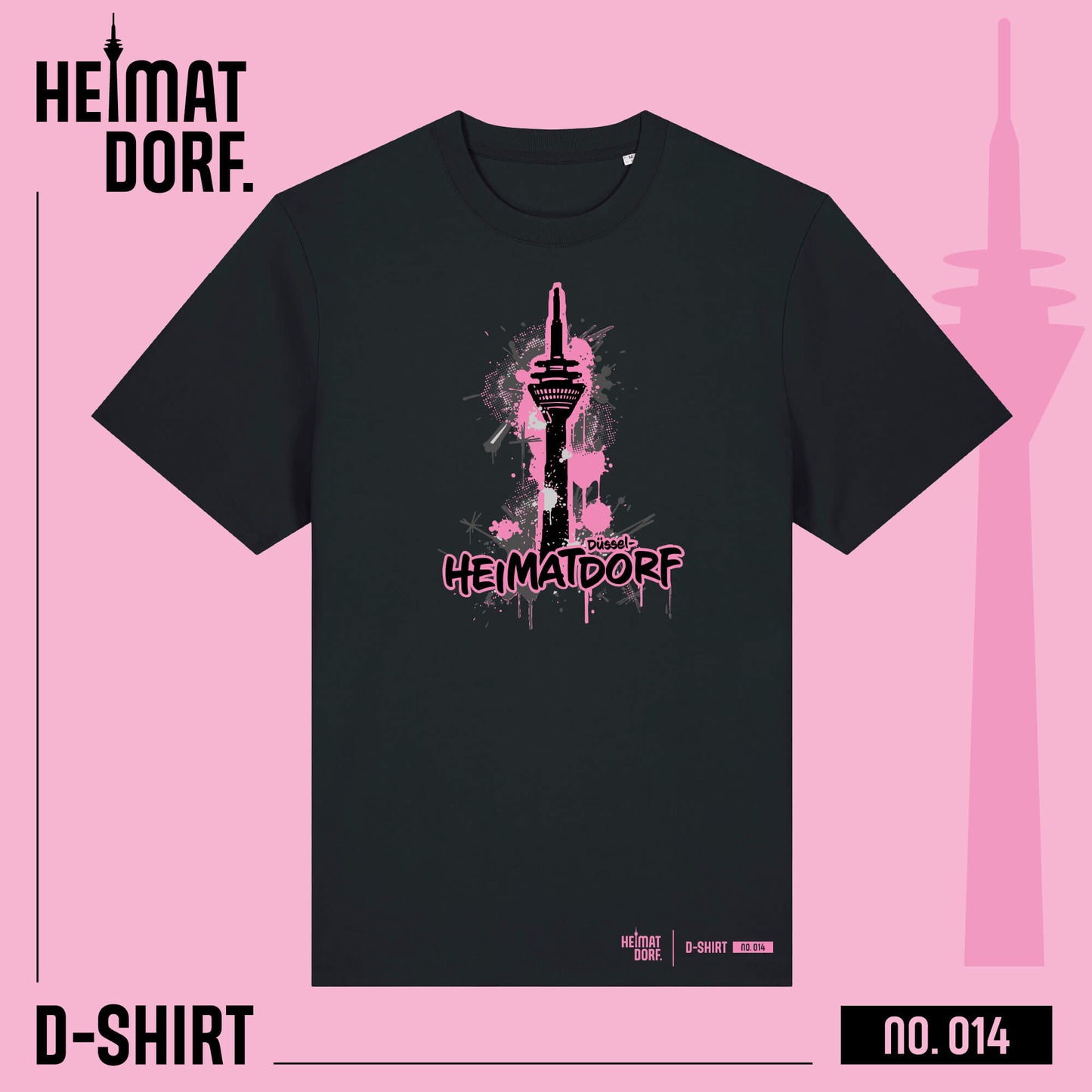 Schwarzes Heimatdorf Düsseldorf T-Shirt mit Rheinturm im Graffiti-Style mit rosa Akzenten liegt auf einem rosafarbigen Hintergrund.
