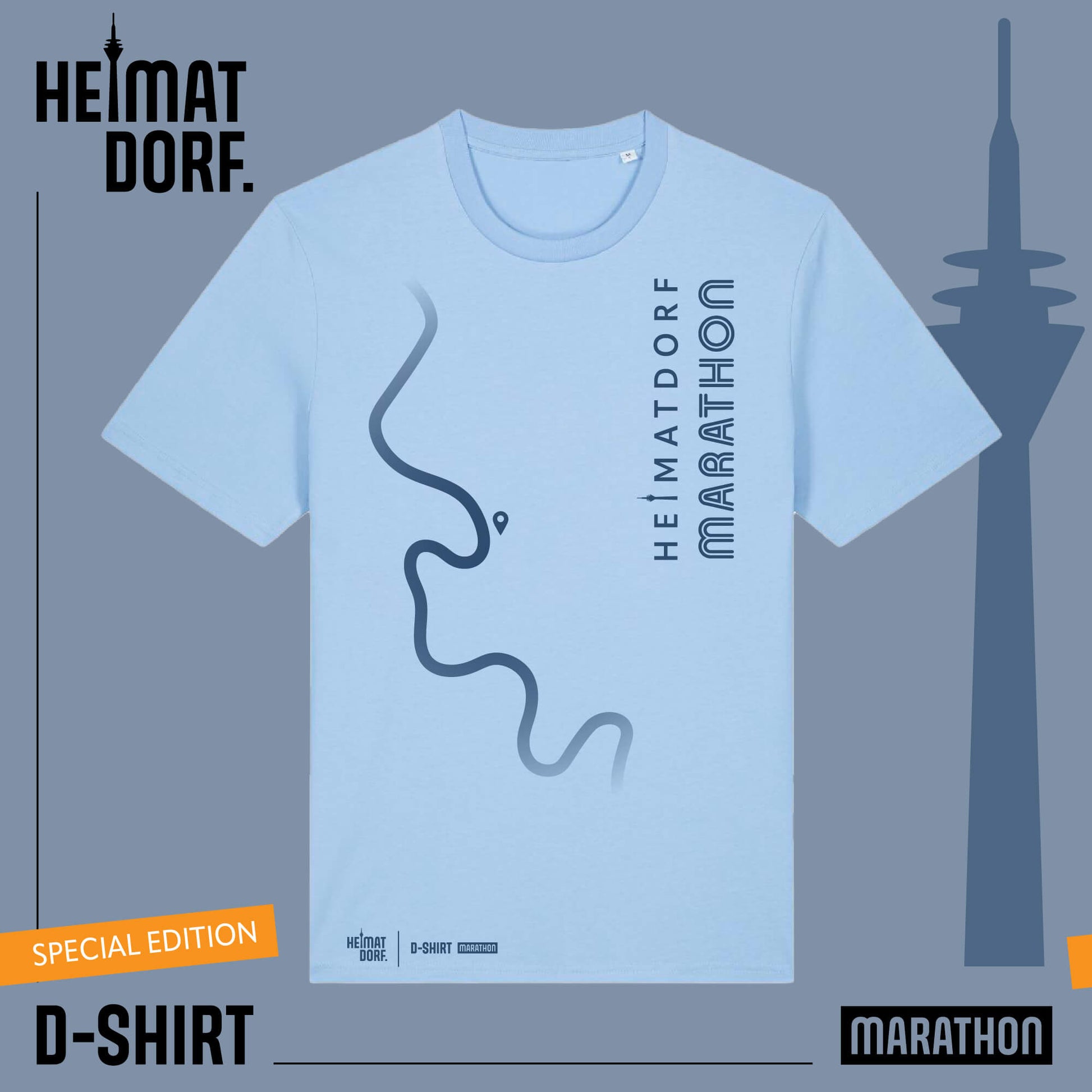 D-Shirt MARATHON Düsseldorf T-Shirt aus Bio-Baumwolle in hellblau. Auf der Vorderseite ist der Düsseldorfer Rheinverlauf in dunkelblau aufgedruckt. Senkrecht findest Du den Schriftzug Heimatdorf Marathon.