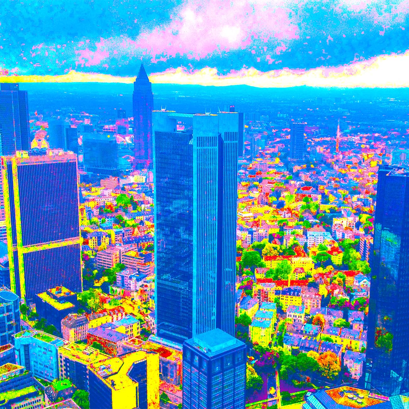 Popart Bild von Frankfurt mit blauen Hochhäusern und vielen kleineren Gebäuden in knallbunten Farben.