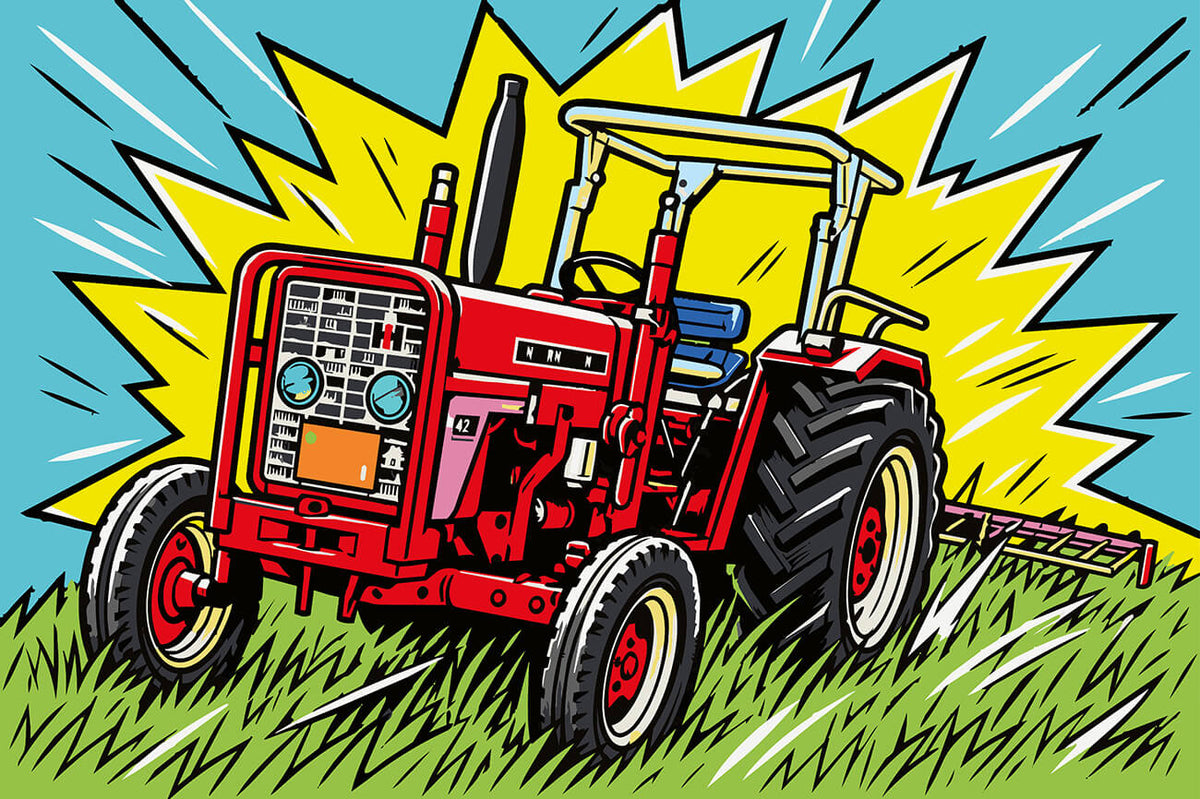 Knalliges Wandbild von einem Traktor im Popart-Stil