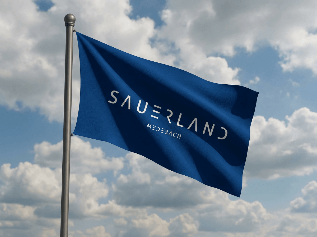 Eine mittelblaue Fahne mit weißer Aufschrift „Sauerland Medebach“