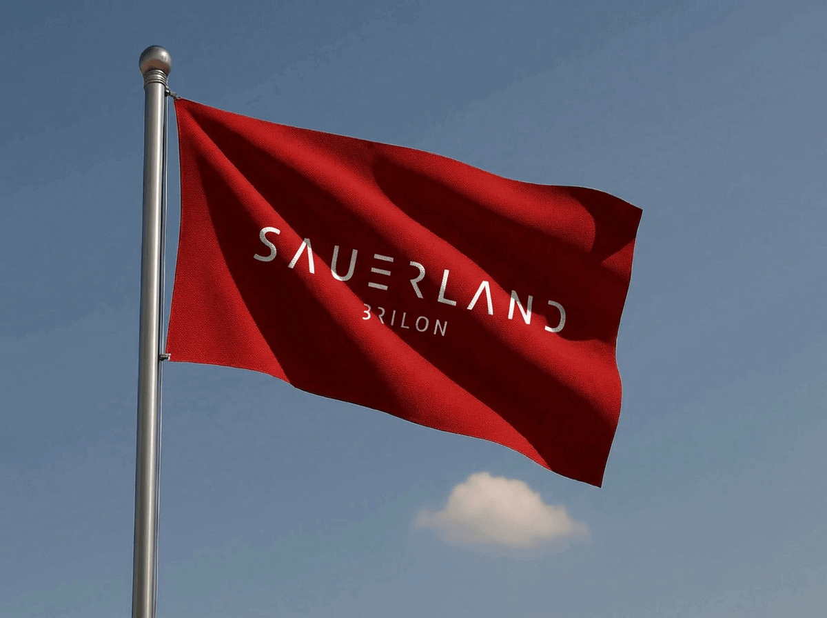 Eine rote Hissfahne mit weißer Schrift „Sauerland Brilon“