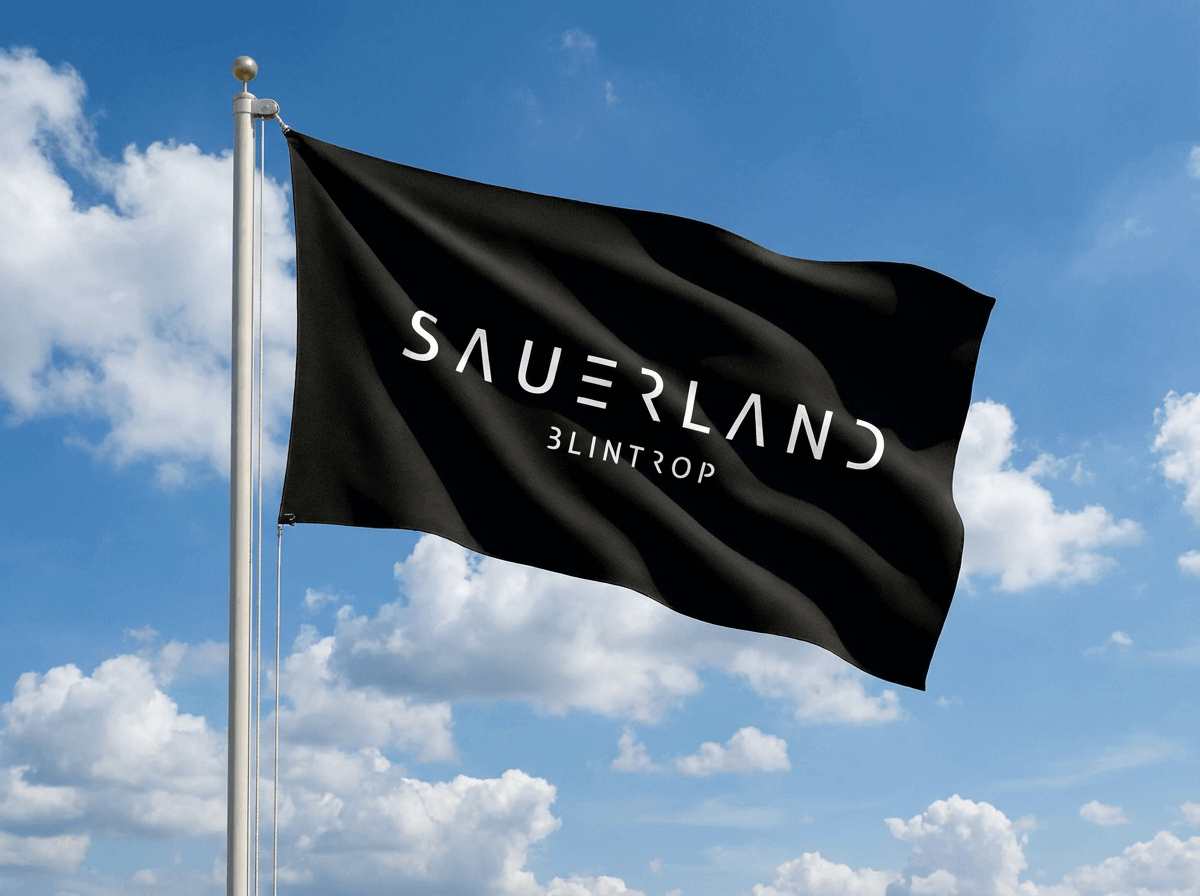 Eine schwarze Fahne mit weißer Aufschrift „Sauerland Blintrop“