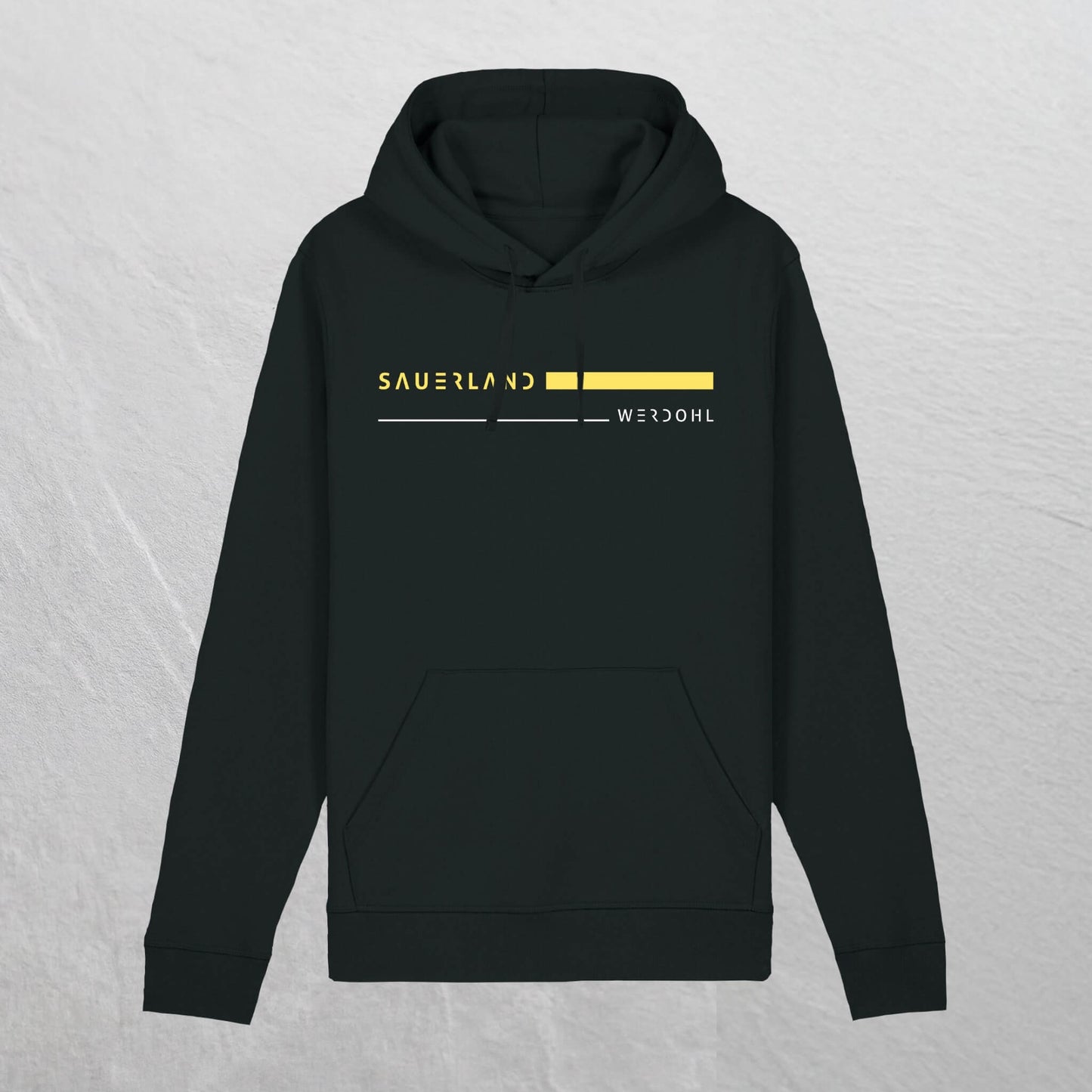 Produktforto eines schwarzem Sauerland Hoodie aus Biobaumwolle mit gelbem aufdruck