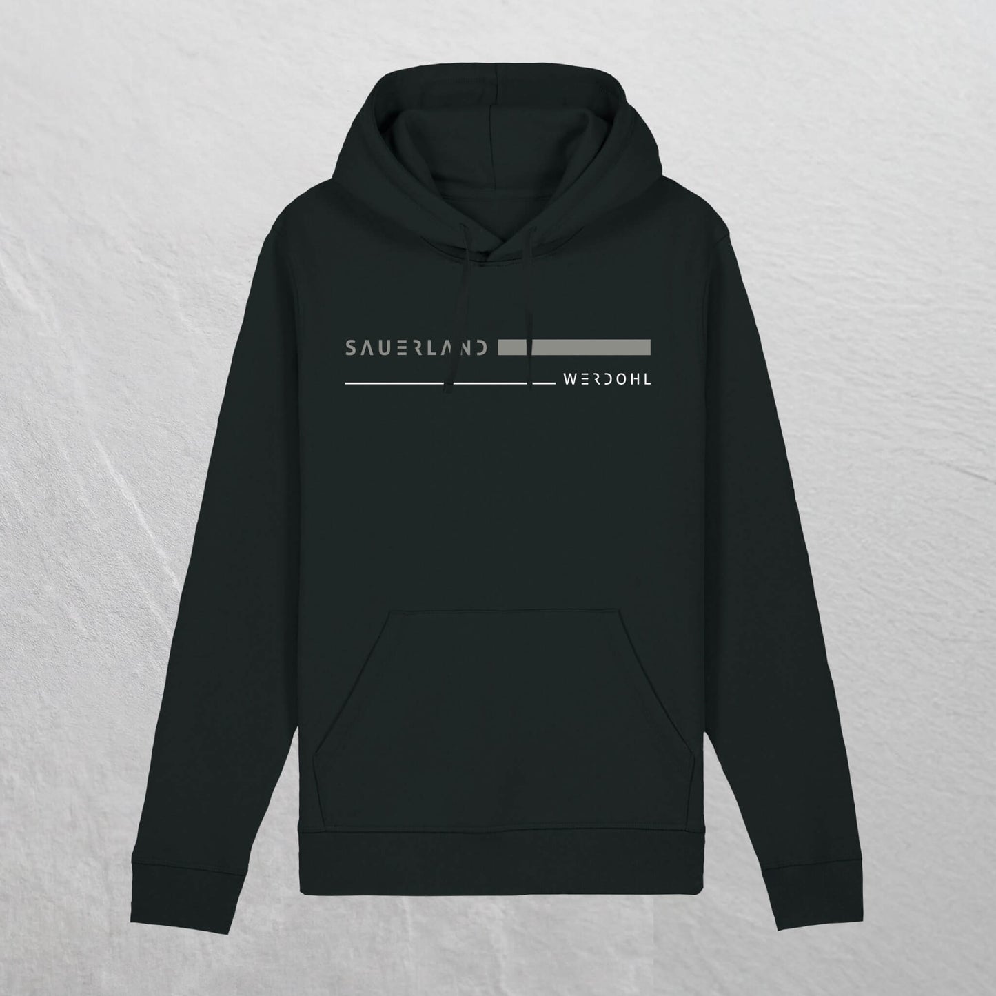 Produktforto eines schwarzem Sauerland Hoodie aus Biobaumwolle mit grauem aufdruck