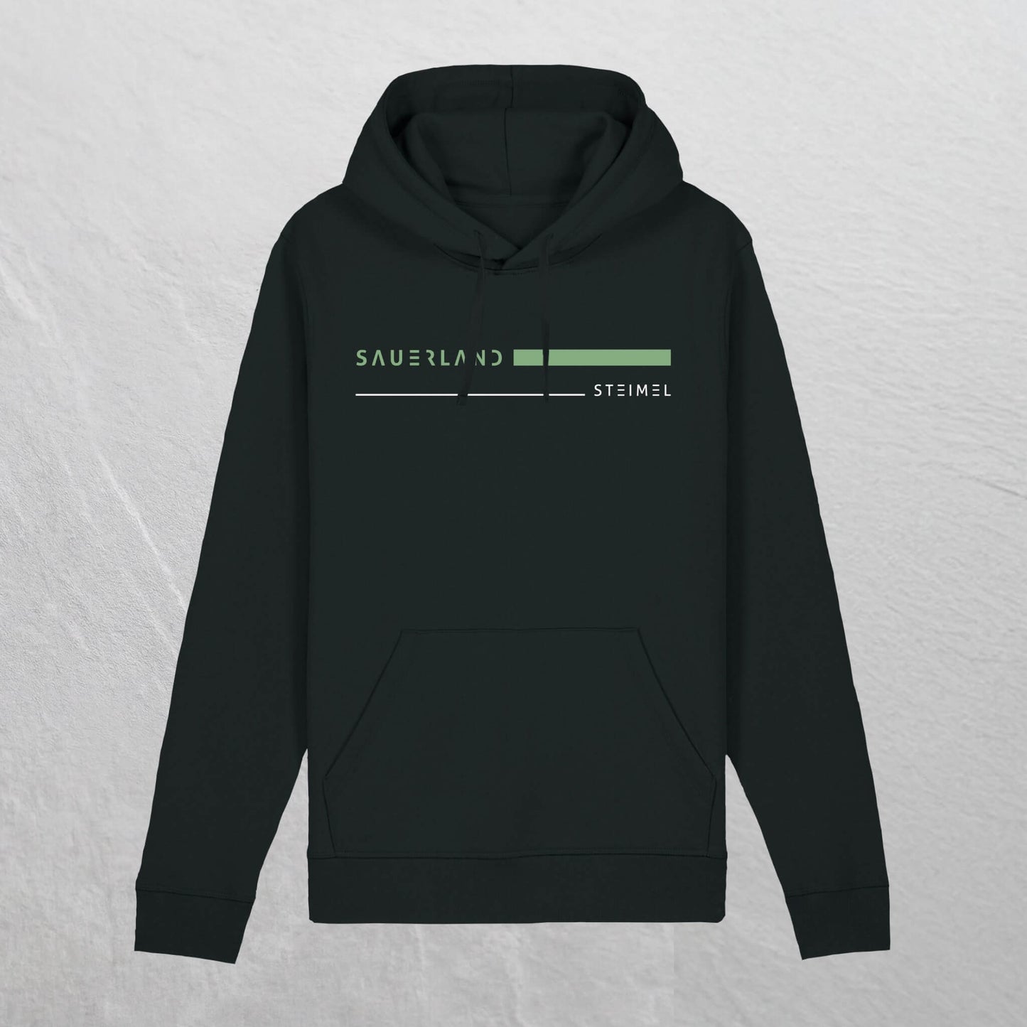 Produktforto eines schwarzem Sauerland Hoodie aus Biobaumwolle mit grünem aufdruck