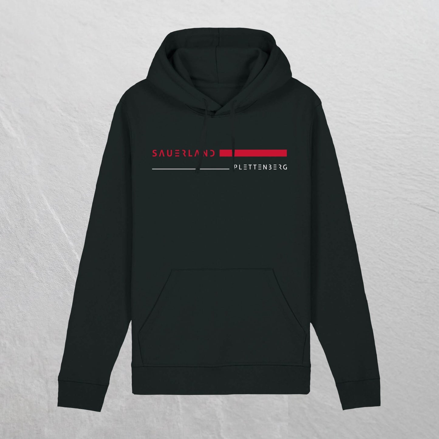 Produktforto eines schwarzem Sauerland Hoodie aus Biobaumwolle mit rotem aufdruck