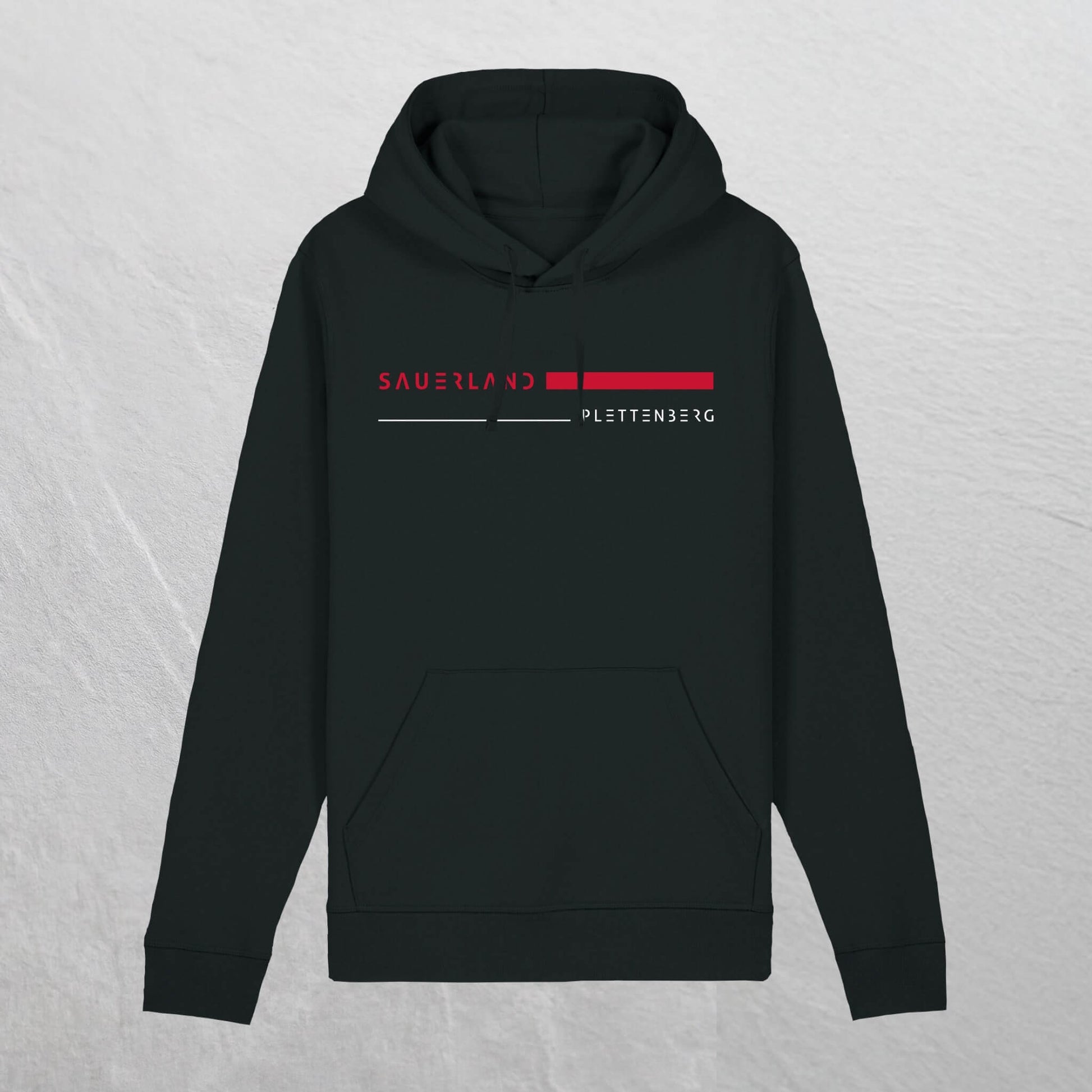 Produktforto eines schwarzem Sauerland Hoodie aus Biobaumwolle mit rotem aufdruck