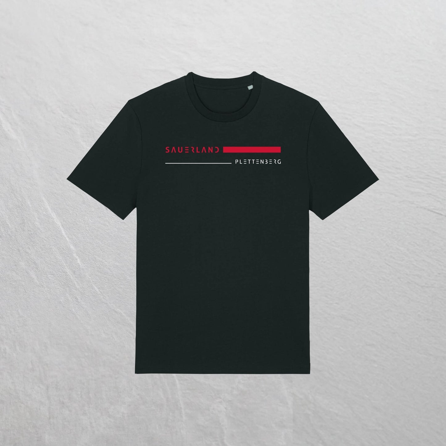 Produktfot eines schwarzen Sauerland TShirt mit stripes aufdruck in rot