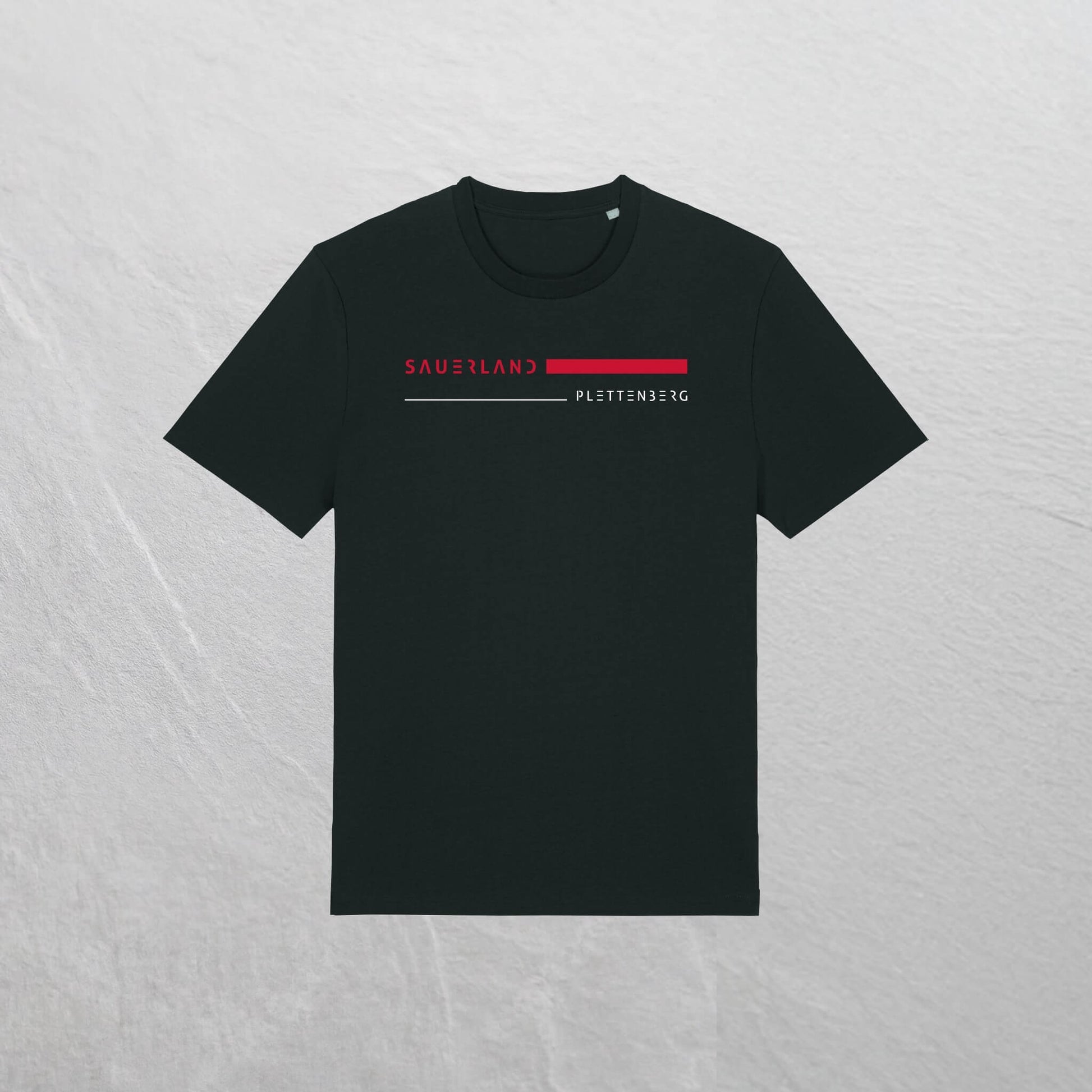 Produktfot eines schwarzen Sauerland TShirt mit stripes aufdruck in rot