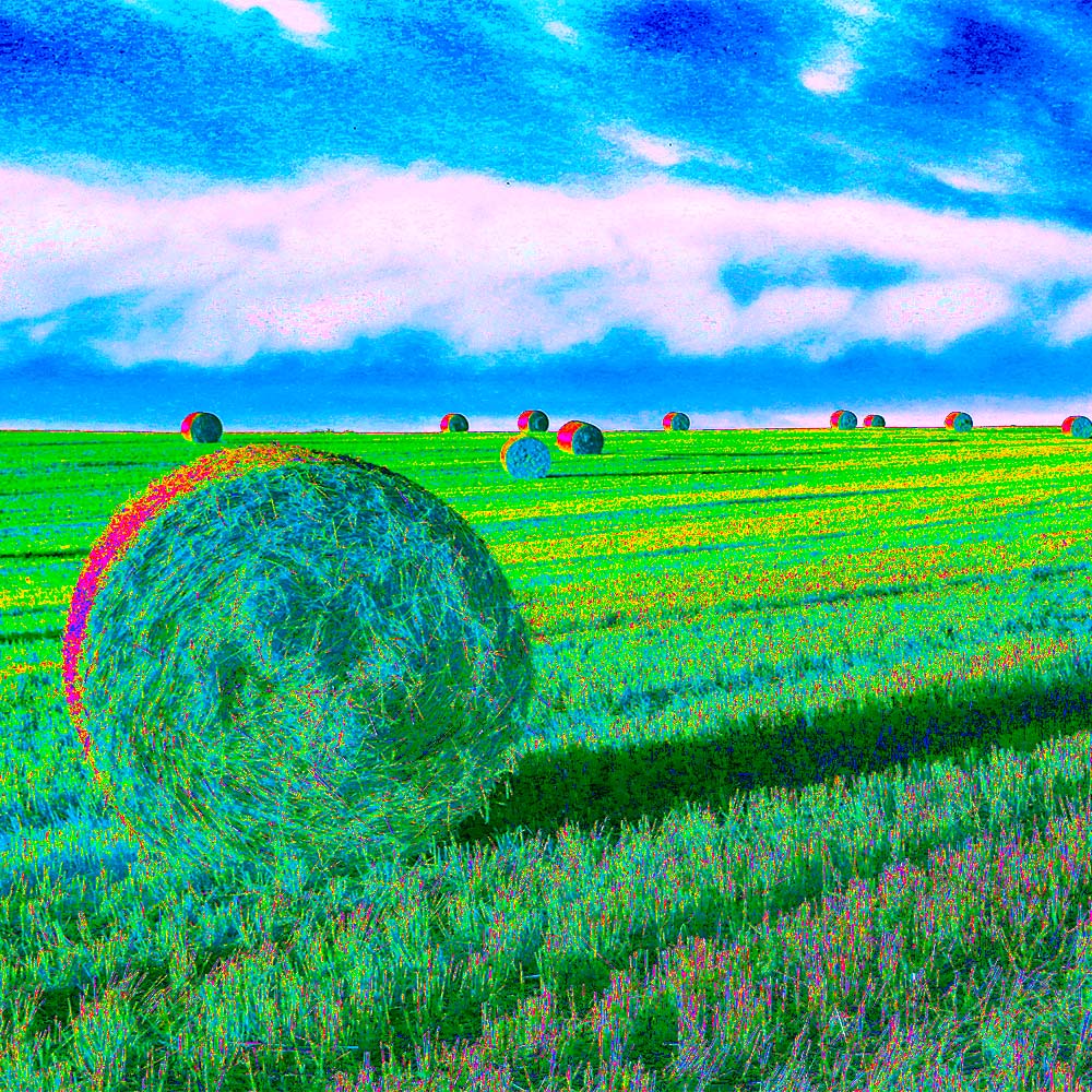 PopartVersion eines Fotos mit Strohballen aufgereiht auf einem Feld. Bei diesem Popartbild dominieren die. Farben giftgrün und blau mit Akzenten in Magnete und Gelb.