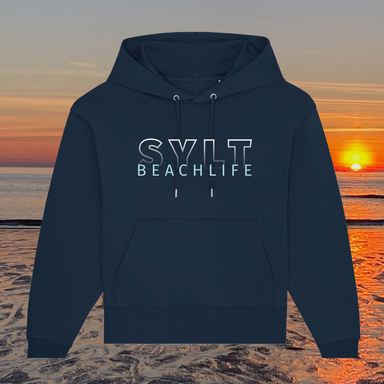 Sylt Hoodie in dunkelblau mit Schriftzug Sylt Beachlife mit Farbverlauf