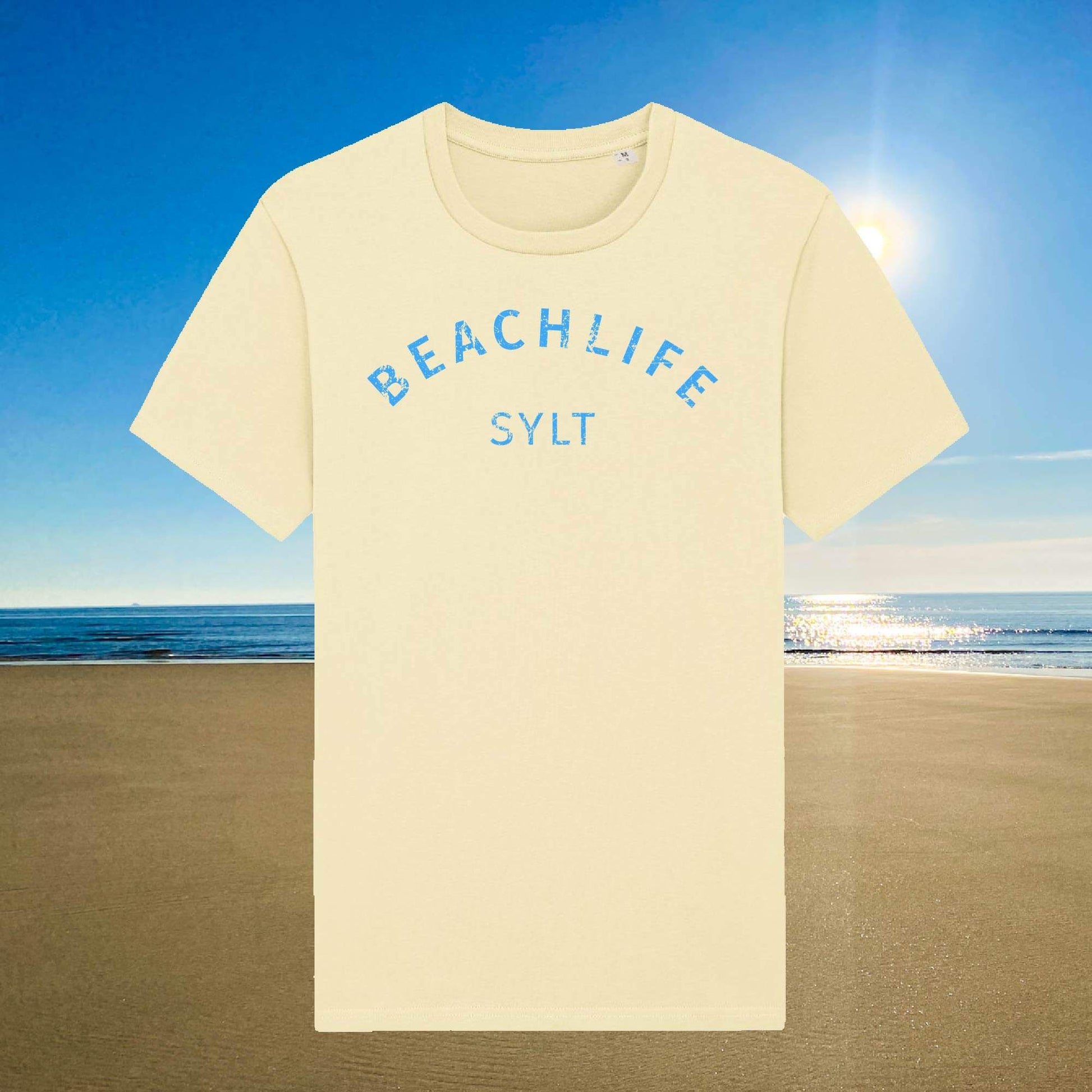 Sylt T-Shirt Beachlife in hellgelb mit blauem Aufdruck Beachlife Sylt