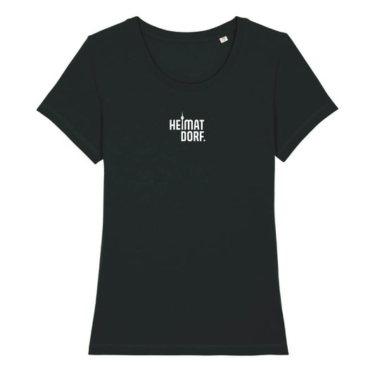 Modernes schwarzes Damen T-Shirt aus Biobaumwolle mit weißem kleinen Aufdruck des Heimatdorf-logos Düsseldorf.