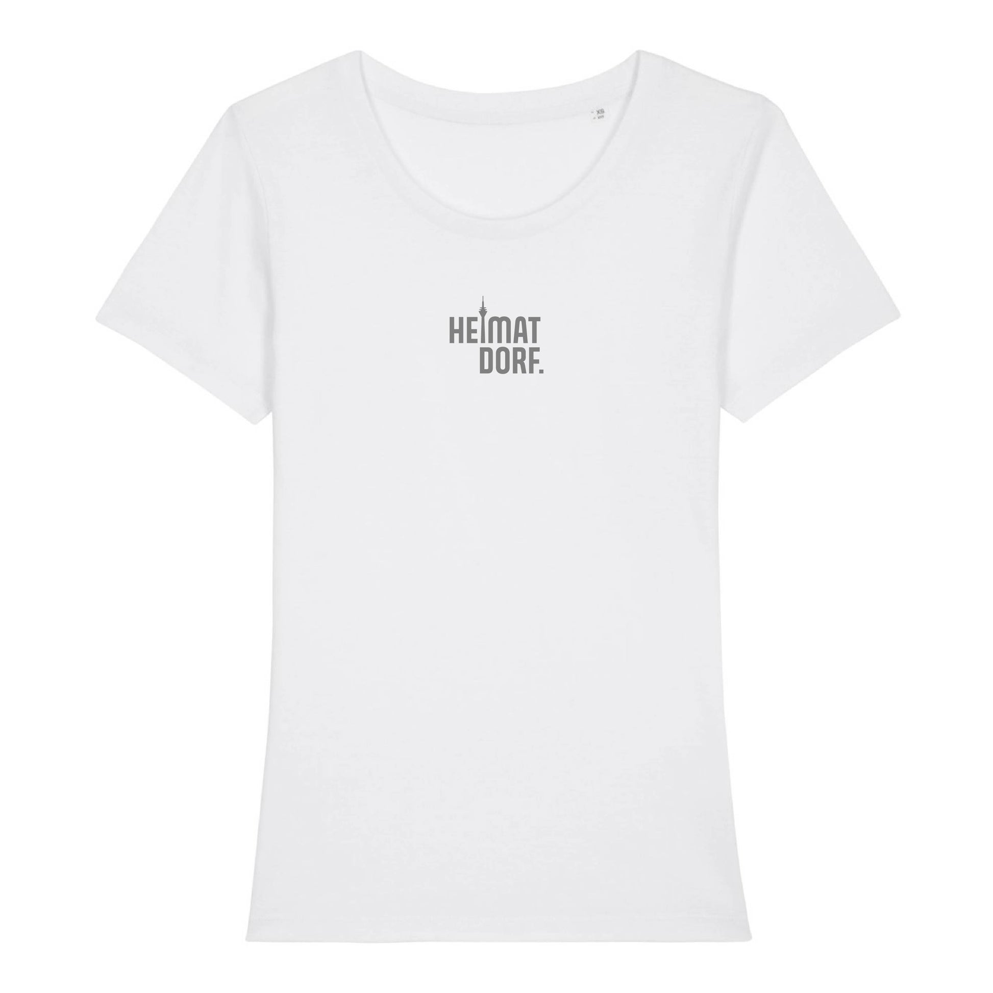 Weißes Damen T-Shirt in Bioqualität mit dem Düsseldorf Heimatdorf logo in grau aufgedruckt.